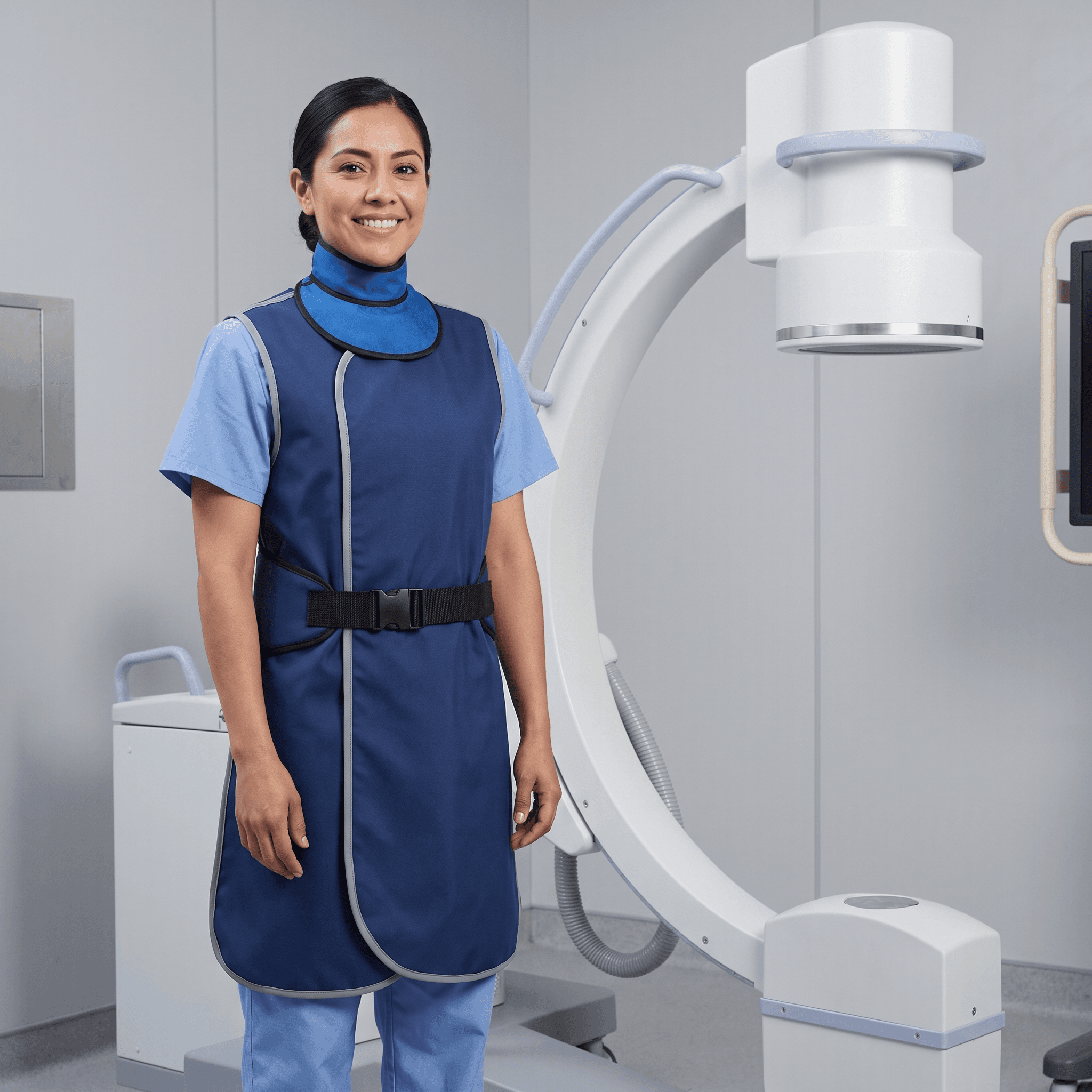 Técnica radióloga con mandil plomado y collarín tiroideo Asterion Care junto a un arco en C de fluoroscopía