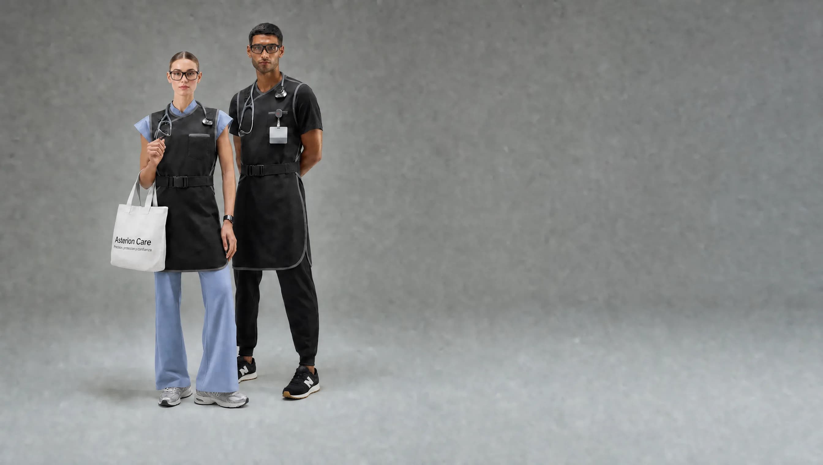 Profesionales de la salud con equipo de protección plomada Asterion Care